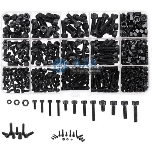 AXK Black 500Pcs M3 M4 M5 Carbon Steel Screw Hex Socket Cap Head 8-20cm Bolt Nut Furniture Fastener Assortment Kit