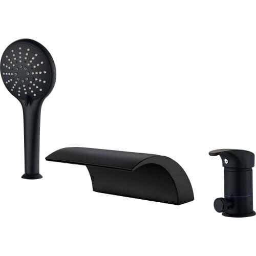 Free ship Black color 3 Pcs widespread Waterfall Bathroom Bath Roman Tub shower faucet deck mounted