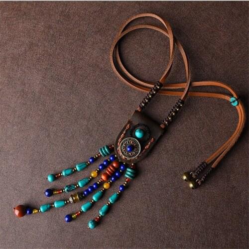Bohemian Ethnic Necklace Women Natural Stone Long Tassel Necklace Pendant Necklace Vintage Cowhide Rope Sweater Chain Jewelry