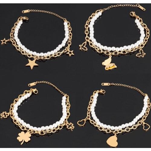 Stainless Steel Bracelets For Women Pearl Bracelet Heart Clover Charm Butterfly Bracelet Chain Double-layer Bracelet Jewelry