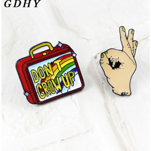 GDHY Cartoon Kids Brooch"Don't Grow Up"Handbag Box And"OK"Gesture Hand Enamel Pin Backpack Hat For Kids Friends Badge Brosch