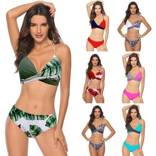 Women Color Block Print Padded Bra Briefs Bondage Bikini Set Swimsuit Leaves Print Padded Bra Briefs Bondage Bikini Set Swimsuit