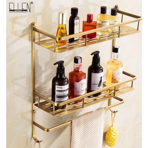 Bathroom Shelves Dual Tier With Towel Rack Square Bath Shampoo Holder Antique Bronze Bathroom Storage Copper Shelf EL0001