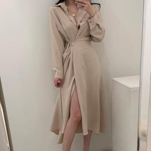 JSXDHK Korean Designer Summer Single Breasted Shirt Dress Chic Fashion Women Lapel Collar Lace Up Belt Slim Waist Long Dresses
