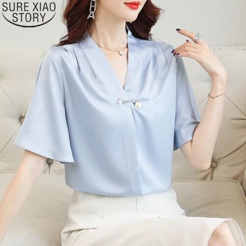 Summer Women Blouses Shirts Tops OL Style Short Flare Sleeve V-neck Blue Womens Tops and Blouses Beading Woman Clothes 9184 50