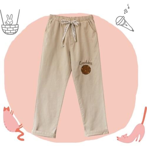 Cookies Embroidery Cute Womens Loose Jeans Trousers Khaki Casual Pants Spring Summer Bow Trim