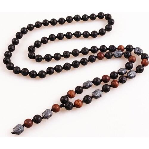 New handmade Mens Black Hematite Buddha & 8mm Lava Stones Beads Long Necklace Fashion Jewelry drop shipping