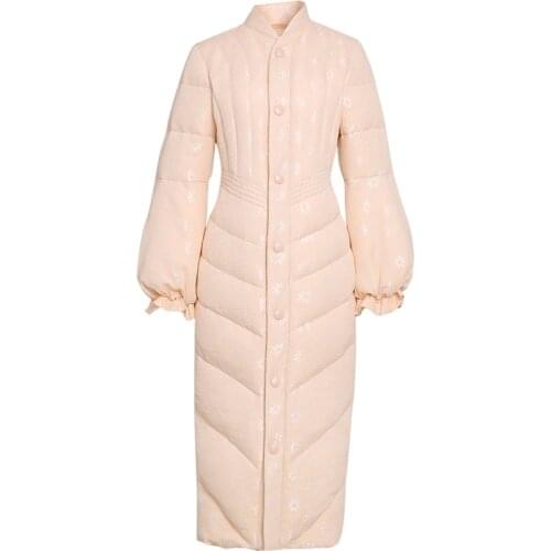 New arrival pink lantern sleeve long white duck down coat women slim stand collar elegant down jacket plus size 2XL