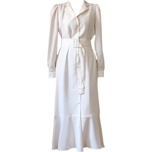 2021autumn Elegant Womens White Maxi Dress Korean Clothing Femme Robe Slim Suit Collar Single breasted With Beltfishtail dress