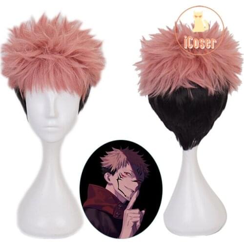 Yuji Itadori Cosplay Wig Anime Jujutsu Kaisen Black Pink Spiky Hair Heat Resistant Synthetic Hair with Wig Cap Men Party Wig