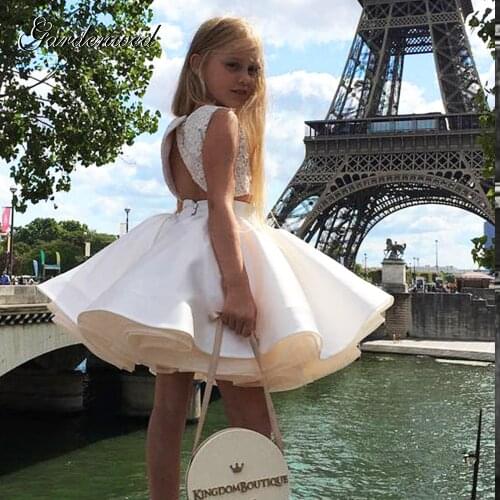 Two Pieces Cute Puffy Girl Princess Dresses Lace Satin Layers Tulle Kids Party Dress Lace Appliques Ball Gown Celebrity Dresses