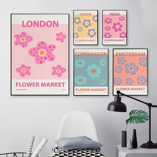 Nordic Abstract Flower Market Tokyo London Paris Canvas Posters Pink Yellow Wall Art Prints Painting Interior Decor Pictures