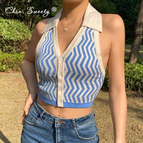 Womens Halter Neck Knitted Tanks V-Neck Backless Sleeveless Tank Top 2021 Summer Ladies Sexy Irregular Pattern Cardigan Vest