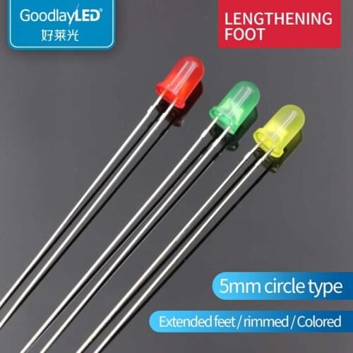 1000PCS F5 / 5mm Round Head extended foot with red green yellow light 51 / 53 in-line LED indicator Light Emitting Diode