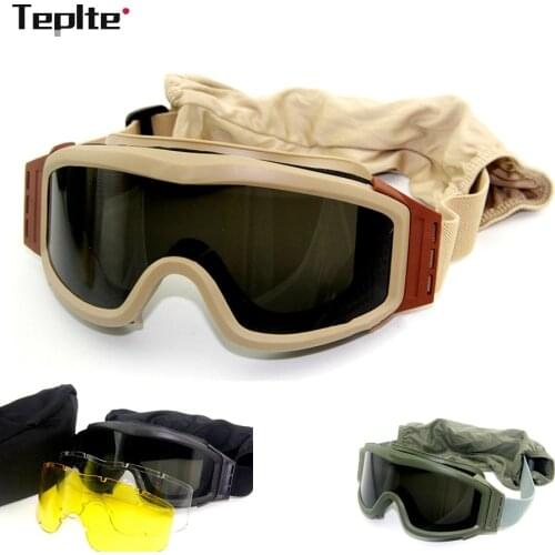 Military Airsoft Tactical Goggles Shooting Glasses Motorcycle Windproof Paintball CS Wargame Goggles 3 Lens Black Tan Green
