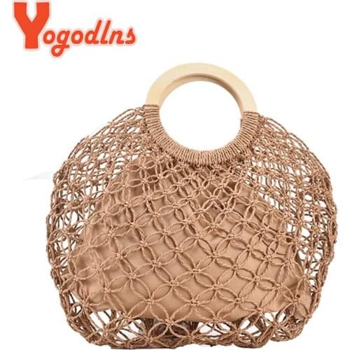 Yogodlns Summer Straw Handbag Large Capacity Beach Bag Wooden Handle Totes Bag Vacation Hollow Net Bag Seaside Woven Round Bags