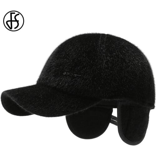 FS New Black Gray Fur Winter Baseball Cap For Women Men With Ear Flaps Outdoor Windproof Warm Dad Caps Thicken Snapback Hat
