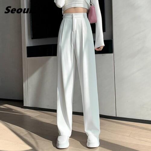 Seoulish 2021 New Spring Summer White Wide Leg Womens Pants High Waist Button Female Elegant Minimalism Office Work Trousers