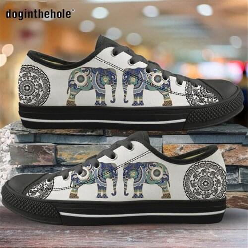 Doginthehole Polynesian Traditional Tribal Elephant Patterns Women Shoes Canvas Female Flats Shoes Low Top Vulcanized Shoes