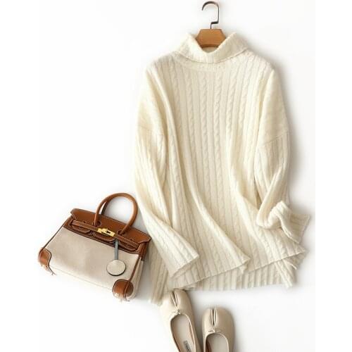 2021 europea fashion 100% cashmere sweater turtleneck pink pullovers cable knitted women winter stylish jumper oversized tops