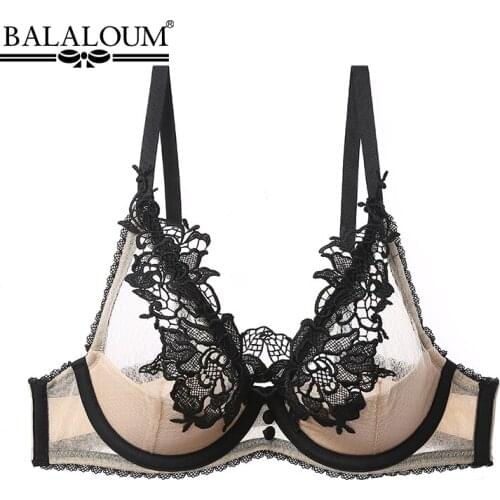 BALALOUM New Women Sexy Thin Transparent Erotic Bra Floral Lace Embroidery Apricot Brassiere Push Up Female Underwear Lingerie