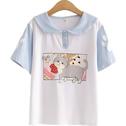 Mori Girl Kawaii Cat Cartoon T Shirts Women Summer Anime Comic Print Tee Shirt Femme Cute Tops Peter Pan Collar Cotton Tshirt