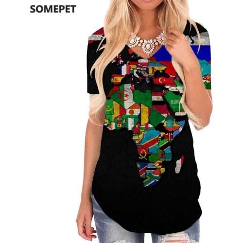 SOMEPET World Map T-shirt women Colorful V-neck Tshirt Harajuku T-shirts 3d Graffiti Shirt Print Womens Clothing Fashion Cool