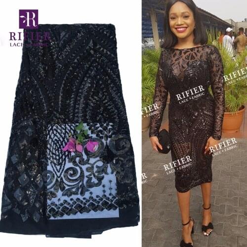 Classic Black Sequined Embroidered Mesh Tulle Lace Fabric African French Wedding Dresses Laces 2018 High Quality Sequins Fabrics