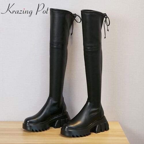 Krazing Pot cow leather round toe high heel thick bottom waterproof winter shoes brand stretch stovepipe over-the-knee boots L59