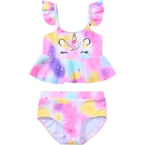 Girls 2Pcs Swimsuit, Childrens Unicorn Pattern Ruffle Hem Fly Sleeve Tops Swimming Shorts for Kids