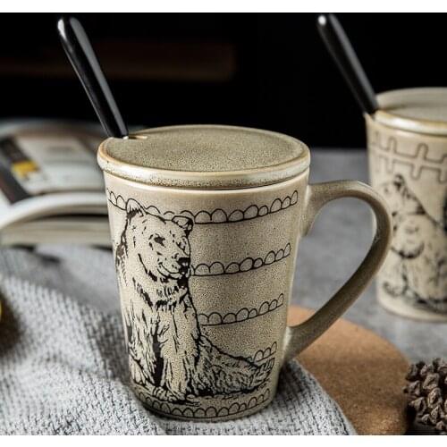 Retro Ceramic Mug with Lid Spoon Household Cup Set Hand-painted Animal Pattern Personality Mens Water Cup