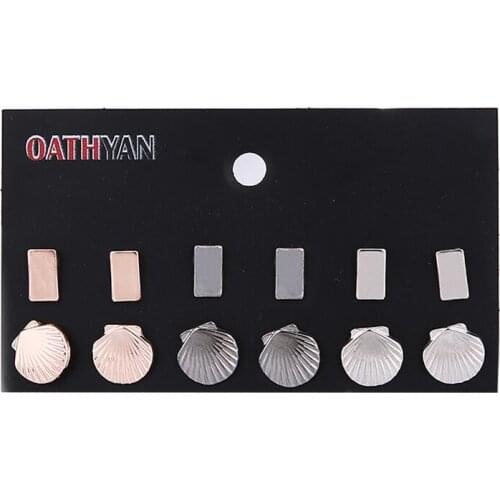 6 Pairs/set Vintage Square Statement Metal Stud Earrings Set For Women Girl Fashion Small Shell Wedding Party Accessories Gift