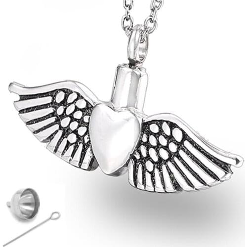 RIR Stainless Steel Angel Wings Cremation Urn Jewelry Heart Memorial for Ashes Necklace Keepsake Urns Pendant Gift