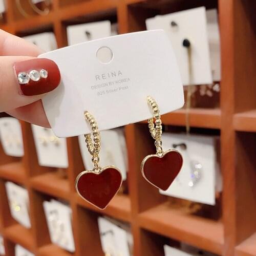 Retro Love Heart Red Color Drop Dangle Earrings Sweet Girl Couple Gift 2021 New Fashion Earrings Korean Style Romantic