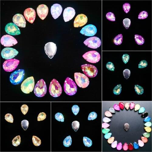 Water drop shape Silver claw settings 7x10 10x14 13x18mm jelly candy & AB colors glass Crystal Sew on rhinestone garment diy