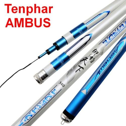 Tenphar AMBUS Sky Blue Series Telescopic Fishing Rod Fast Action Superhard Superlight Hi-Carbon Fiber 5.4M 136g with 2 Tips
