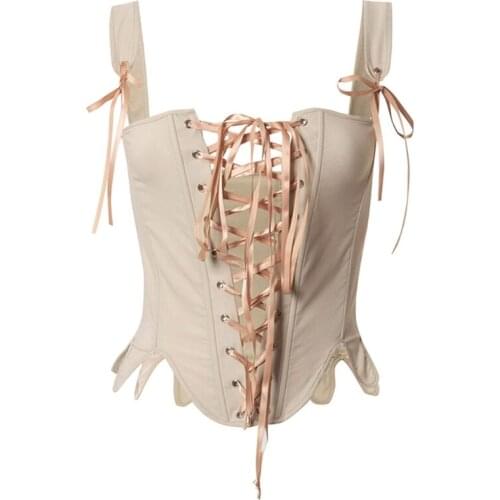 F3MD Sexy Summer Bustier Tank Tops Slim Sleeveless Vintage Cut Out Corset Waist Top with Lace Up Bandage for Women Girls