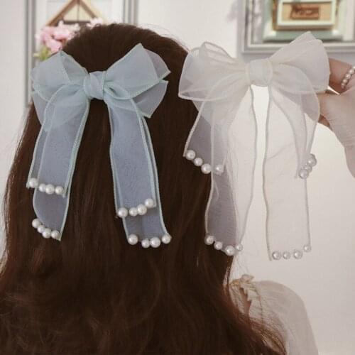 New Women Girls Sweet Chiffon Ribbon Pearl Bow Hairpins Candy Color Hair Clips Side Barrettes Headband Fashion Hair Accessories