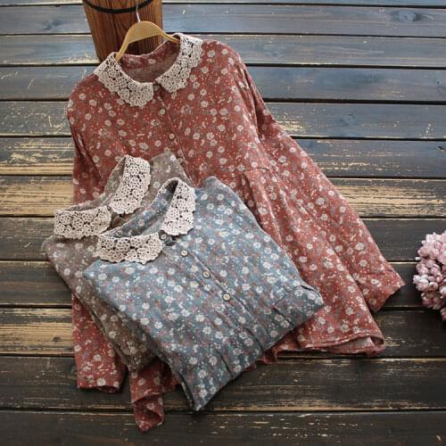 8791 New Spring Women Blouse Japan Style Literary Lace Stand Collar Loose Print Cotton and linen Shirt