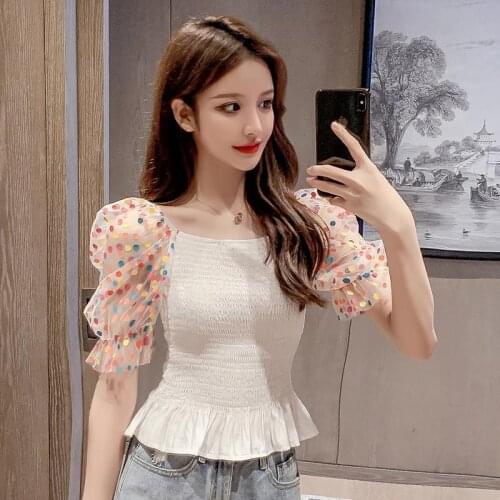 Women 2021 Summer Fashion Retro Square Collar Mesh Shirt Female Short Sleeve Patchwork Blouses Ladies Thin Casual Shirts W85