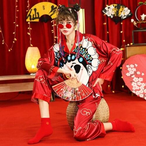 Retro Country Tide Style Ladies Pajamas Cardigan Long-sleeved Soft Ice Silk Girl Suit Home Service Pajama Set Women