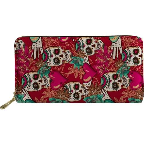 HaoYun Womens Long Wallets Floral Skull Pattern PU Leather Card Holder Colorful Flowers Design Female Zipper Coin Purse Bags