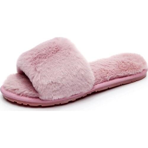 Womens Plush Slippers Faux Fur Fuzzy Slide on Open Toe Slipper with Memory Foam Women Shoes Pantuflas