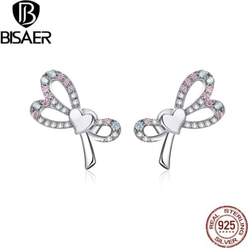Romantic Bowknot BISAER 100% 925 Sterling Silver Dazzling Knotted Stud Earrings stud for Women Earrings Silver 925 Making EFE364
