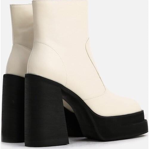 MUMANI Woman‘s Modern Boots Super High Genuine Leather 12CM Trend Increase Martin Boots White Square Heel Platform ANKLE Boots