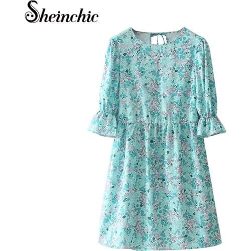 Bohemian Short Sleeve Mini Dress Women 2021 Summer O-neck Floral Printed Chiffon Beach Dresses for Woman Femme Robe