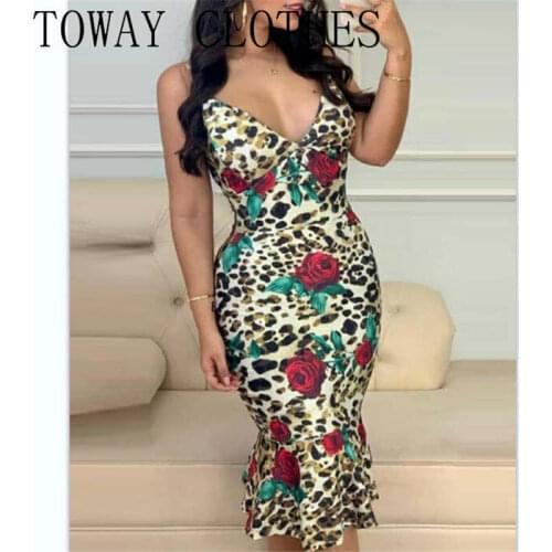 V-Neck Cheetah Leopard Floral Print Sleeveless Skinny Dress Mermaid Chic Mid-Calf Summer Dresses For Women 2021