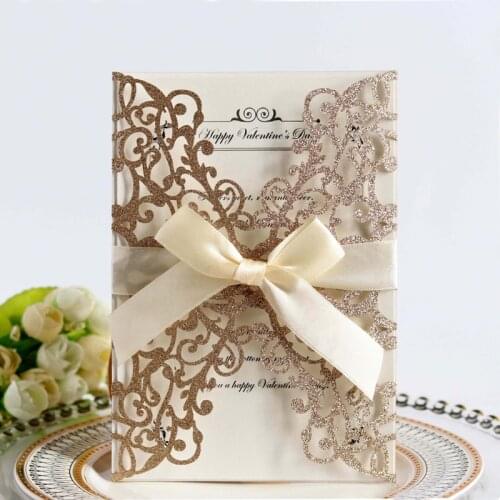 1Pcs Glitter Paper Laser Cut Wedding Invitation Card With Ribbon Envelop Personalized Wedding Favor Decor Party Supplies