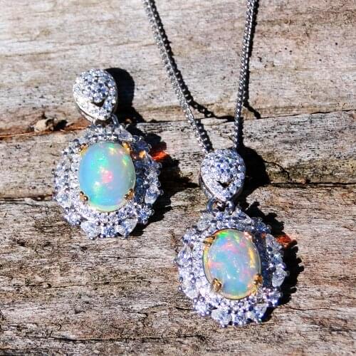 1.50ct Natural White Opal & Pave White Cubic zirconia gemstone Natural Multi Color Opal 925 Sterling Silver Pendant Necklace