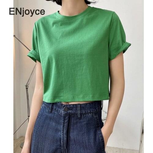 Basic Simple O-Neck Short Sleeve T-Shirt Women Girls Korean Style Fashion Pullover Loose Cotton Tee Green Cropped Tops Summer